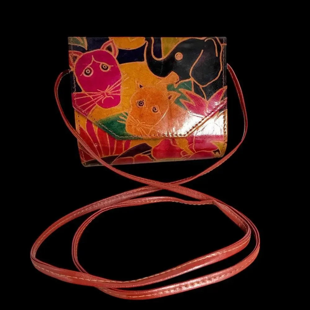 Vtg Leather Crossbody Bag Mirror Hand Painted Animals Floral Artsy Boho - Picture 1 of 13